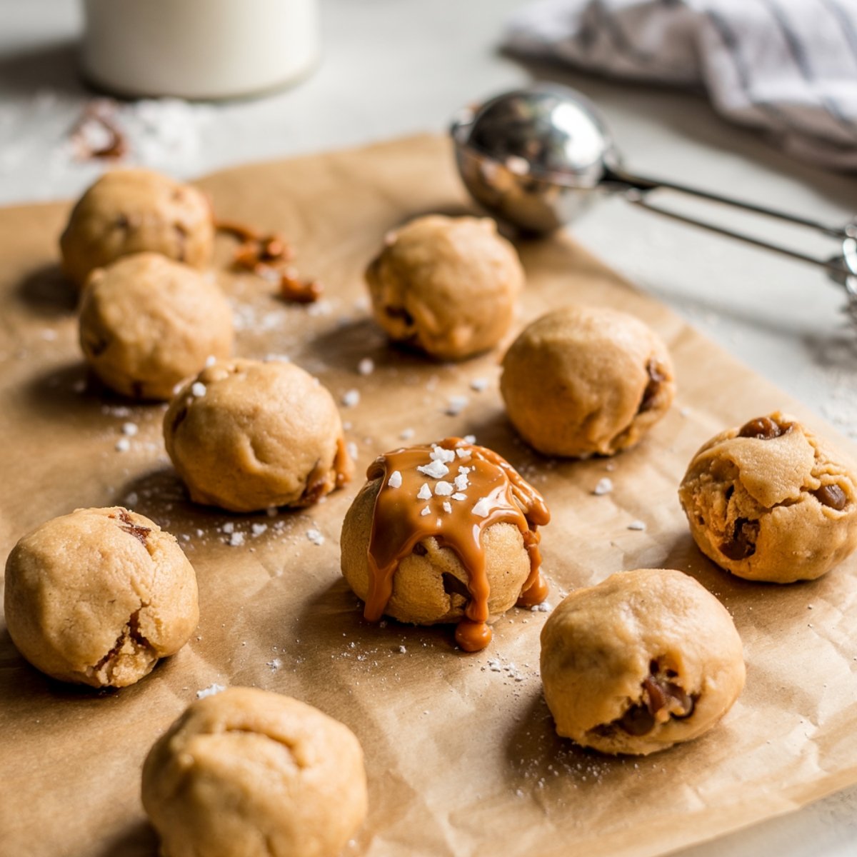 Raw caramel cookie dough balls on parchment paper, one topped with melted caramel and flaky sea salt. A cookie scoop and milk glass sit nearby, with light flour dust and natural shadows on the surface.