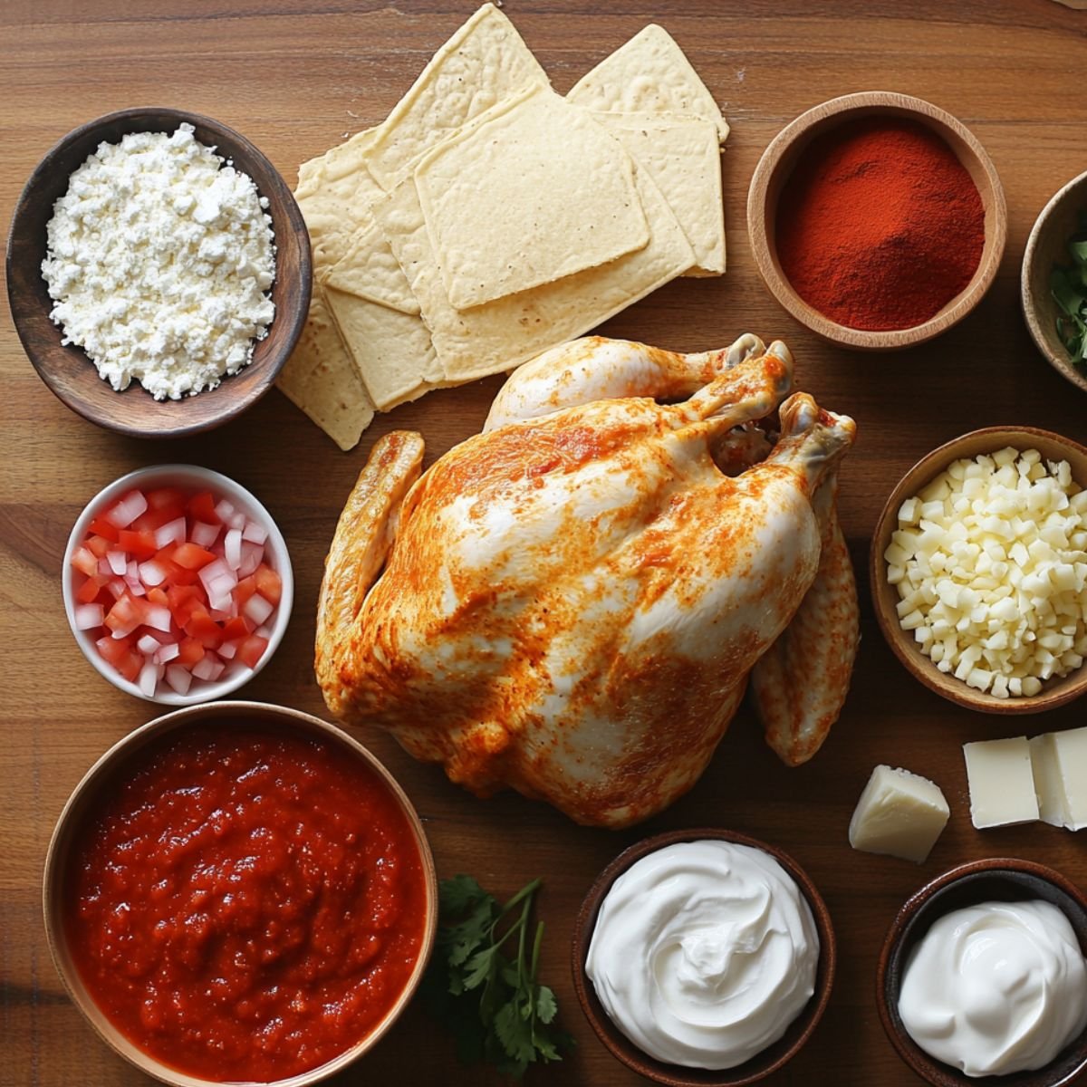 Flat lay of homemade Chicken Enchilada Casserole ingredients on a wooden counter, featuring a seasoned rotisserie chicken, corn tortillas, red enchilada sauce, sour cream, shredded cheese, diced onion and tomato, cream cheese, chili powder, and fresh herbs.
