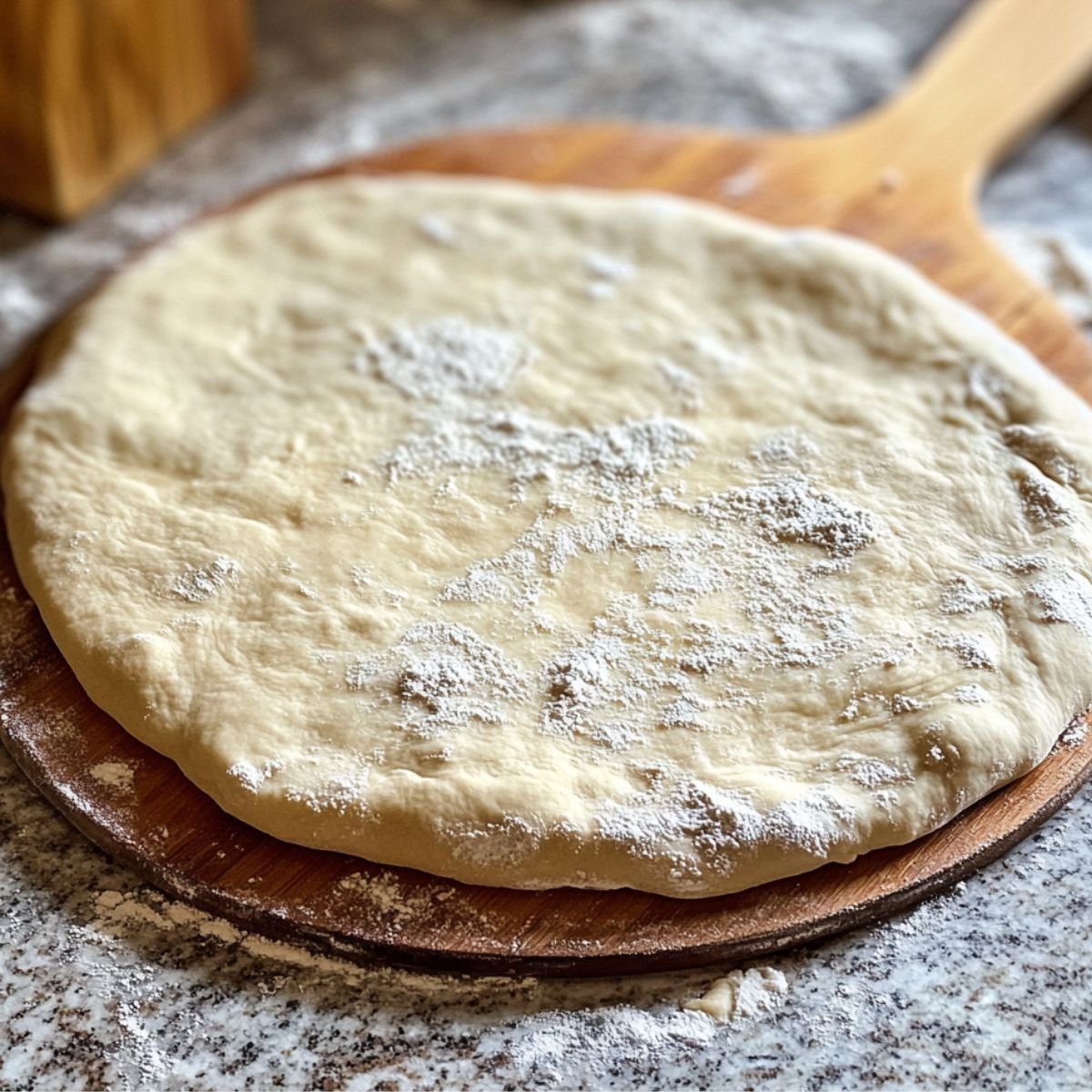 Floured pizza dough on a wooden peel, ready for toppings in a homemade kitchen setting.