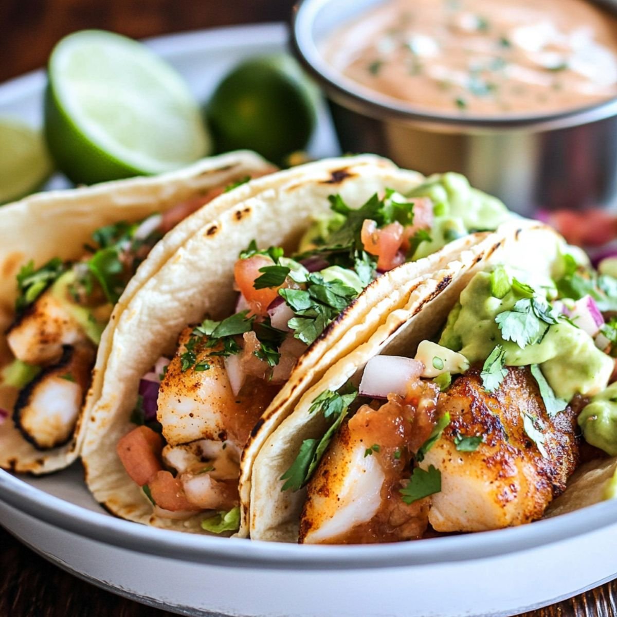 Homemade fish tacos with grilled white fish, guacamole, pico de gallo, and cilantro in charred corn tortillas, served with chipotle sauce and fresh lime on a white plate.