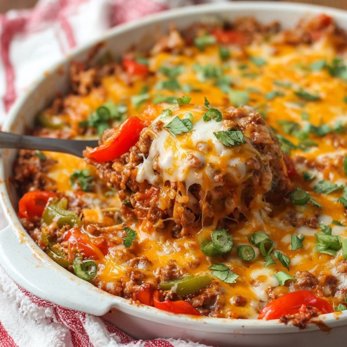 Homemade Stuffed Pepper Casserole in a white baking dish, topped with melted cheese, ground beef, rice, and bell peppers, with a spoon lifting a cheesy serving.