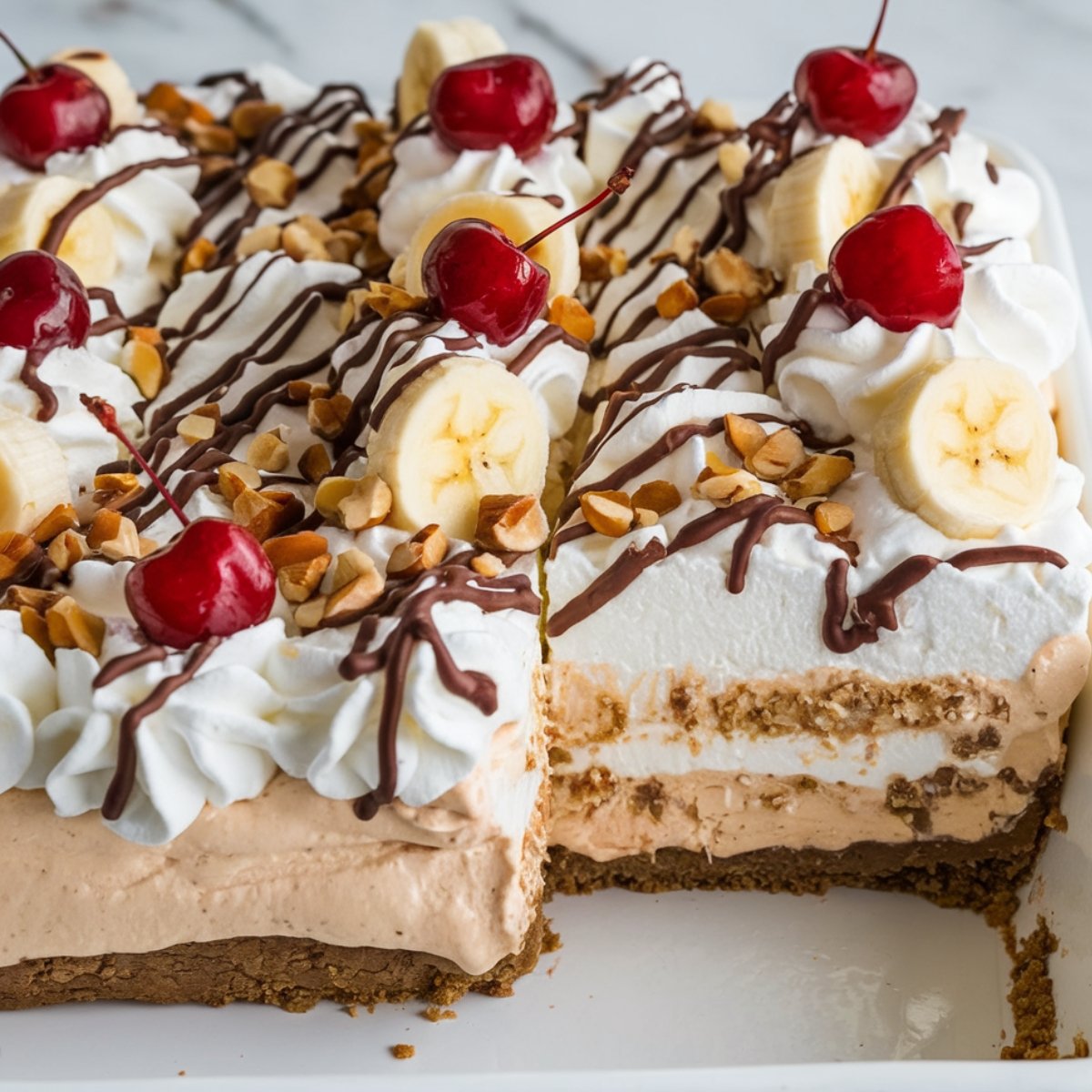 Irresistible No-Bake Banana Split Cake Recipe - A layered dessert with a graham cracker crust, creamy banana and chocolate filling, fluffy whipped topping, fresh banana slices, maraschino cherries, crunchy chopped nuts, and a drizzle of chocolate syrup. A perfect twist on the classic banana split dessert!