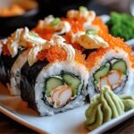 A close-up of homemade Dragon Roll Sushi on a white plate, featuring tightly wrapped black seaweed with rice, cucumber, and orange shrimp. Topped with bright orange fish roe, a swirl of creamy mayonnaise, and a small mound of green wasabi on the side.