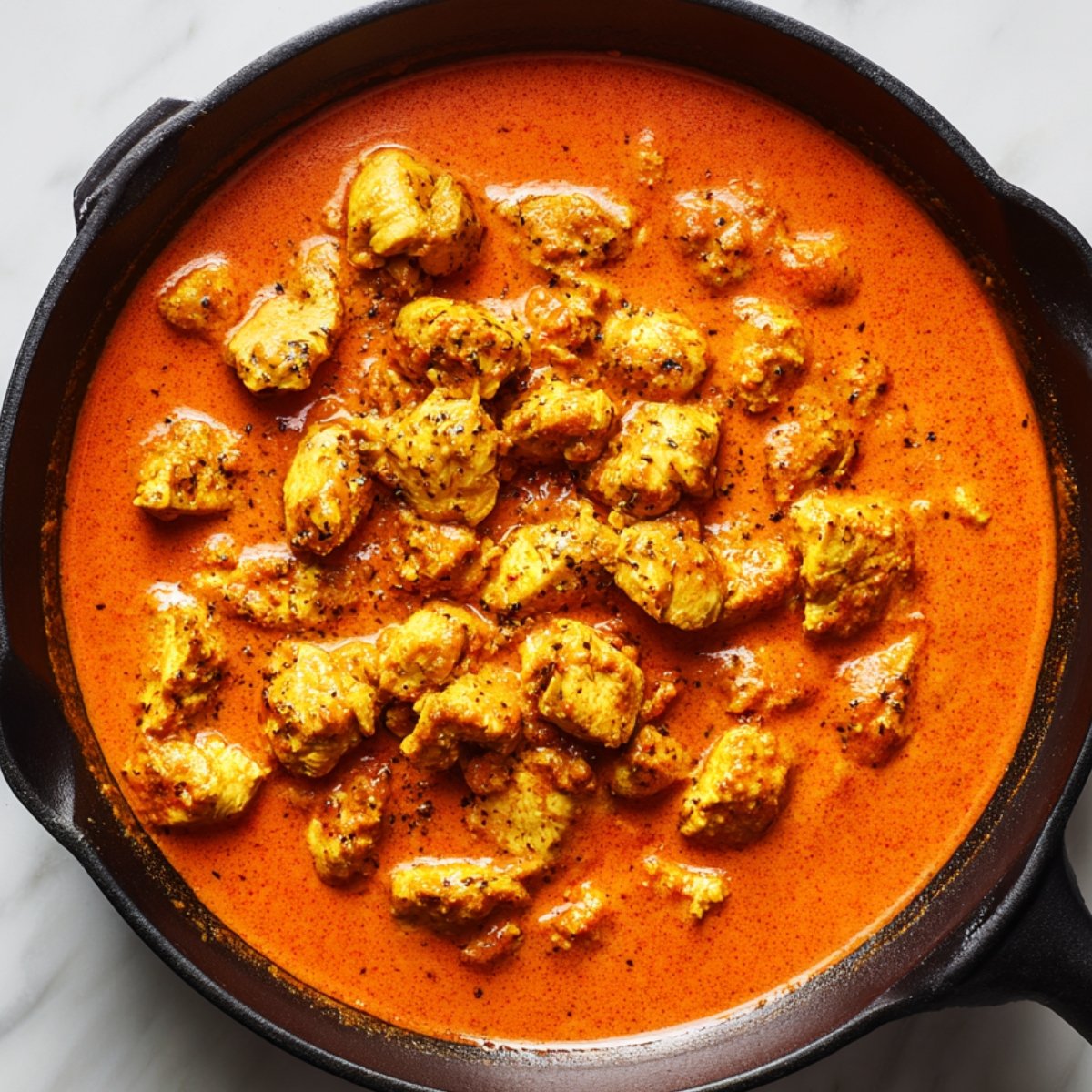A pan of homemade butter chicken simmering in a creamy orange sauce with tender spiced chicken pieces.