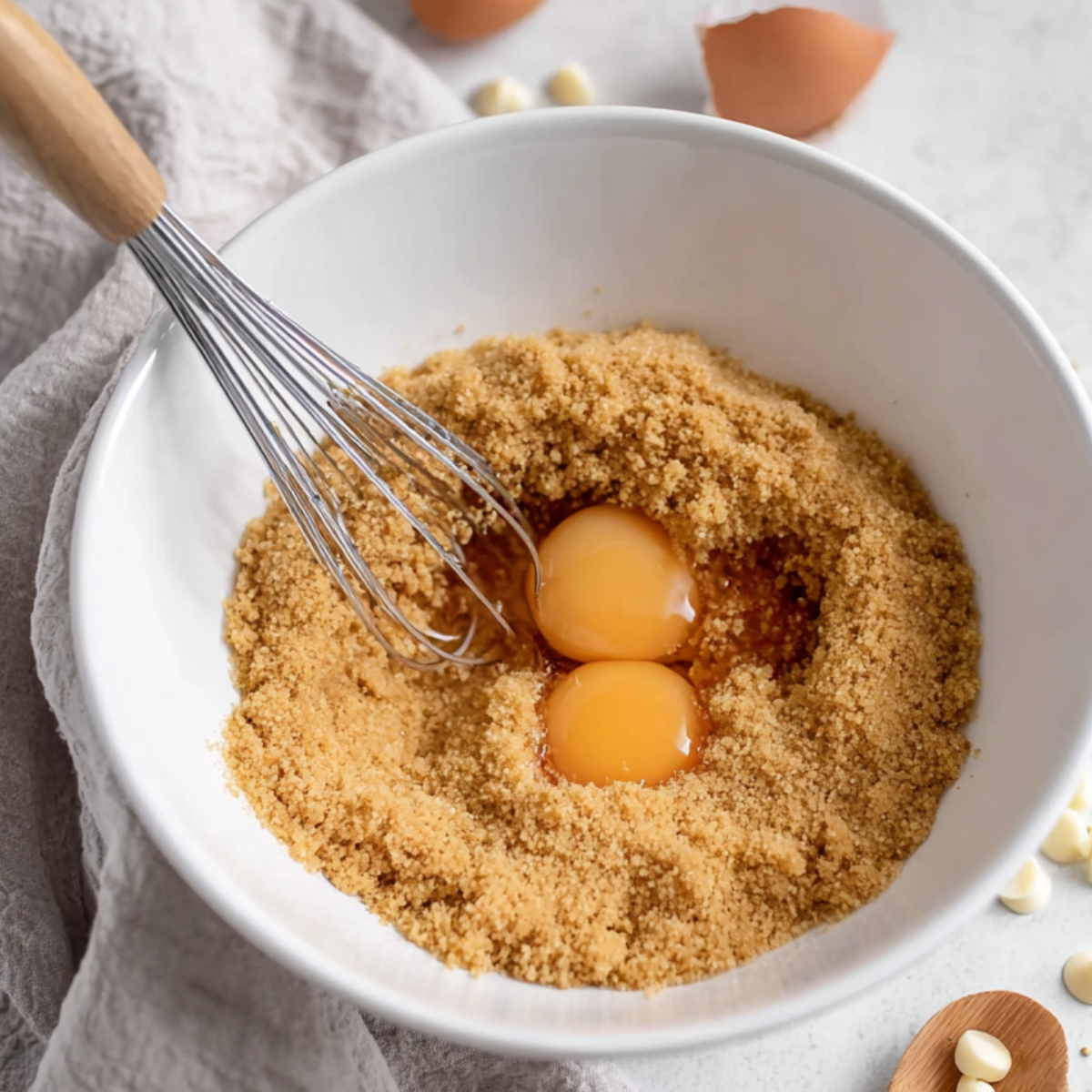 Crack in the eggs and egg yolk, then add the vanilla extract. Mix gently with your whisk just until incorporated. Don't beat the mixture too much or your brownies will turn out cakey instead of fudgy.