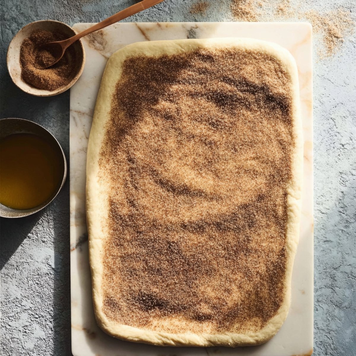 Rolled-out sourdough dough covered in cinnamon sugar on a marble board, with bowls of melted butter and cinnamon mixture beside it.