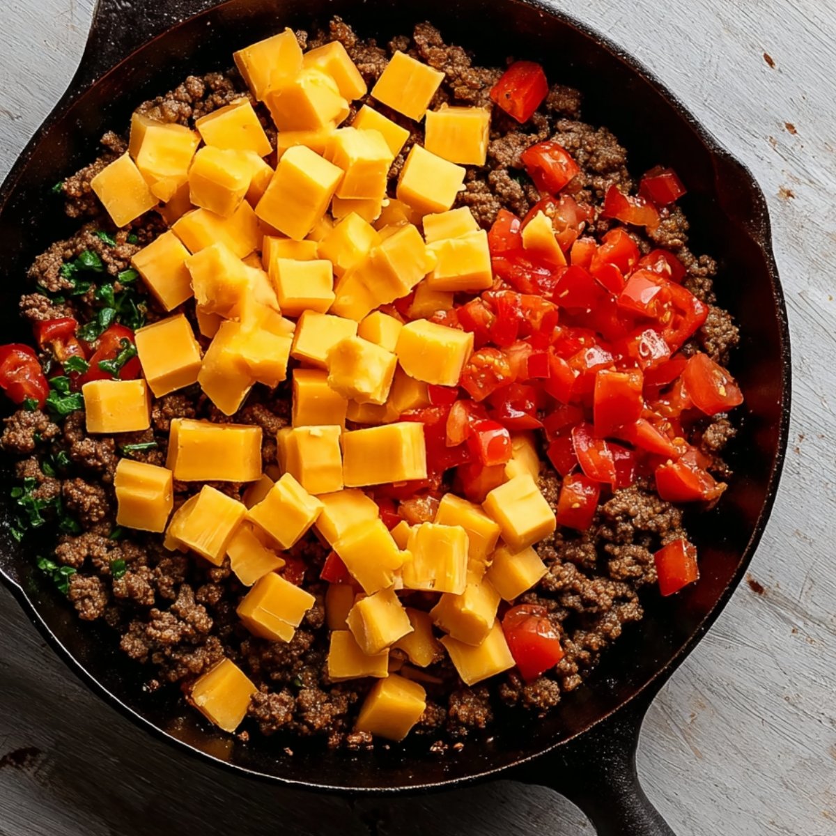 Toss in the cubed Velveeta cheese and pour in the can of Rotel tomatoes, juice and all. Lower the heat to medium and keep stirring as the cheese melts into the beef. It'll take about 5 minutes for everything to come together into a smooth, creamy dip.