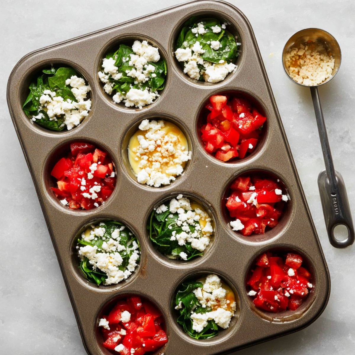 Spoon about 2 tablespoons of chopped bell pepper, spinach, and tomatoes into each muffin cup. Sprinkle 1 tablespoon of crumbled feta on top of each.