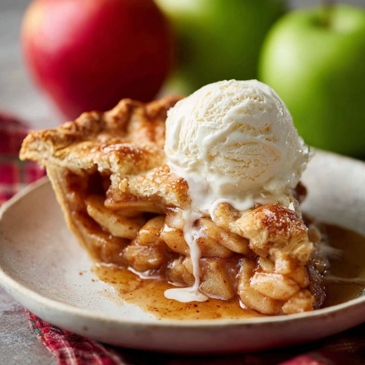 A slice of Apple Pie Recipe with a scoop of melting vanilla ice cream on top, with green and red apples in the background.