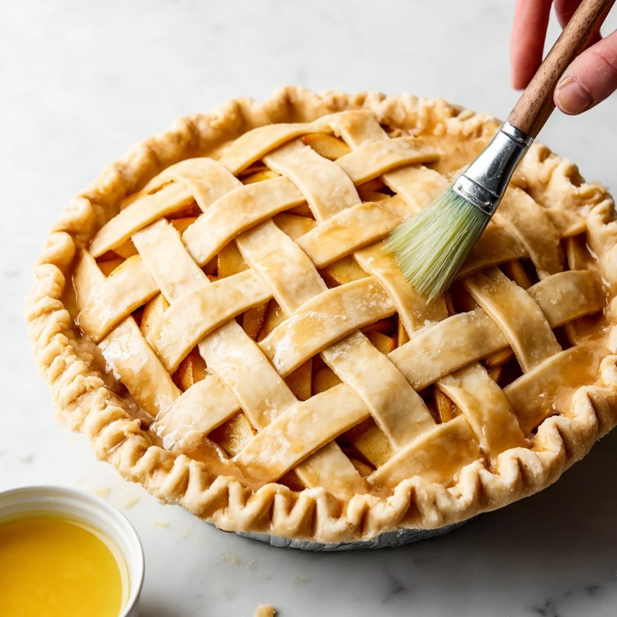 Brush the lattice with the beaten egg and milk mixture. If you're using coarse sugar, sprinkle it on now for extra sparkle.