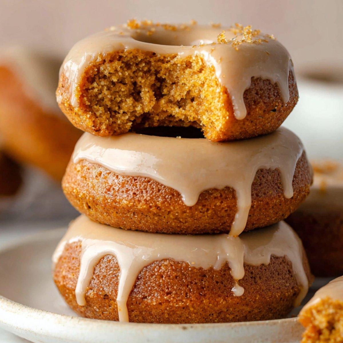 Baked Pumpkin Donuts stacked on a plate, with one donut showing a bite taken out and sprinkled with sugar.