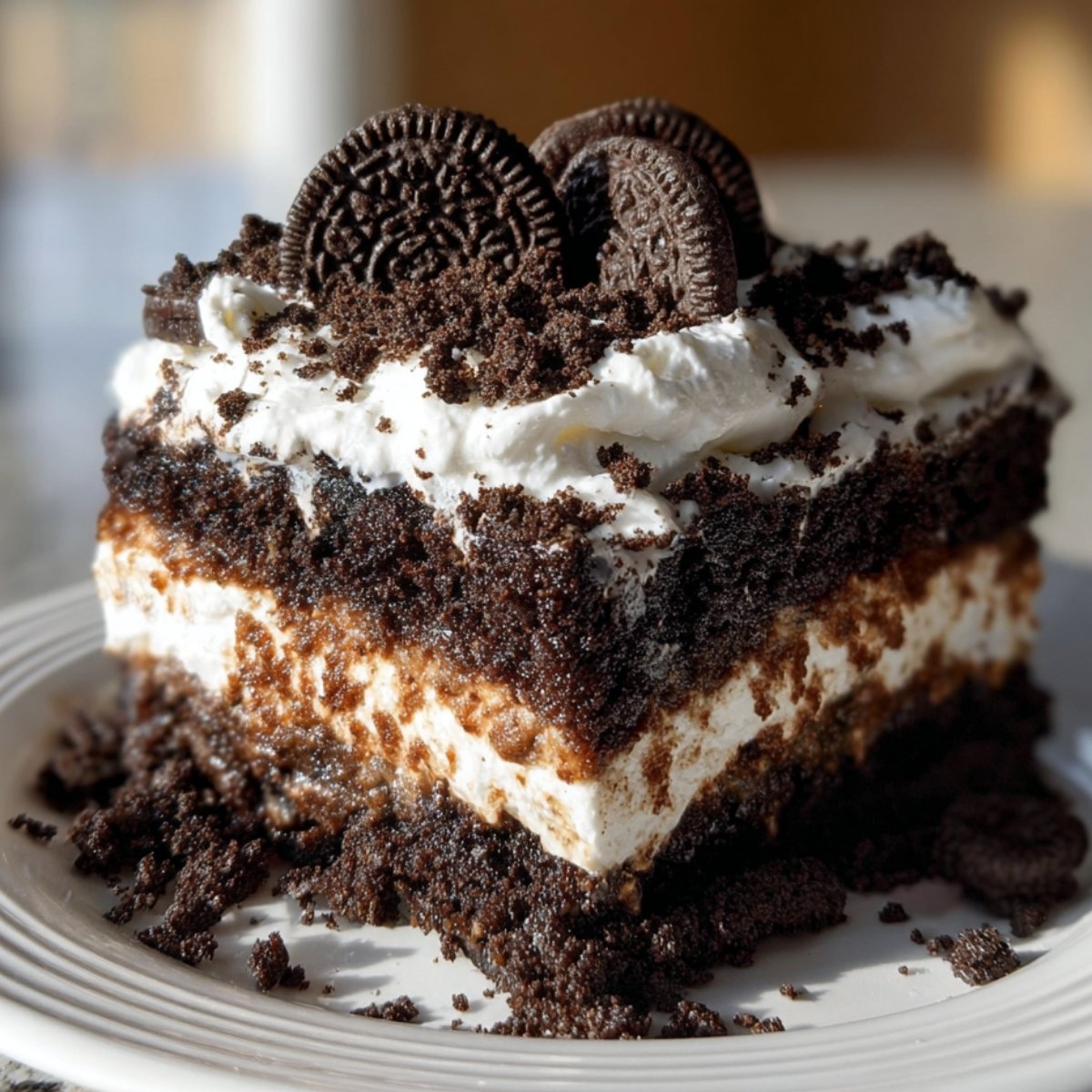 A close-up of a slice of Oreo dirt cake with creamy layers, topped with Oreo crumbs and a whole Oreo cookie.