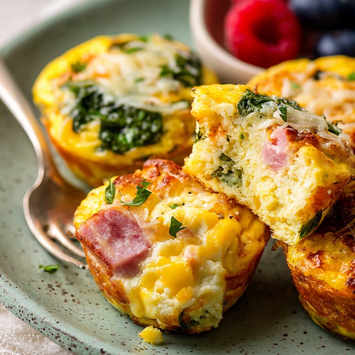 Breakfast Egg Muffins with ham, spinach, and melted cheese, showing the soft, fluffy interior, served with fresh berries.