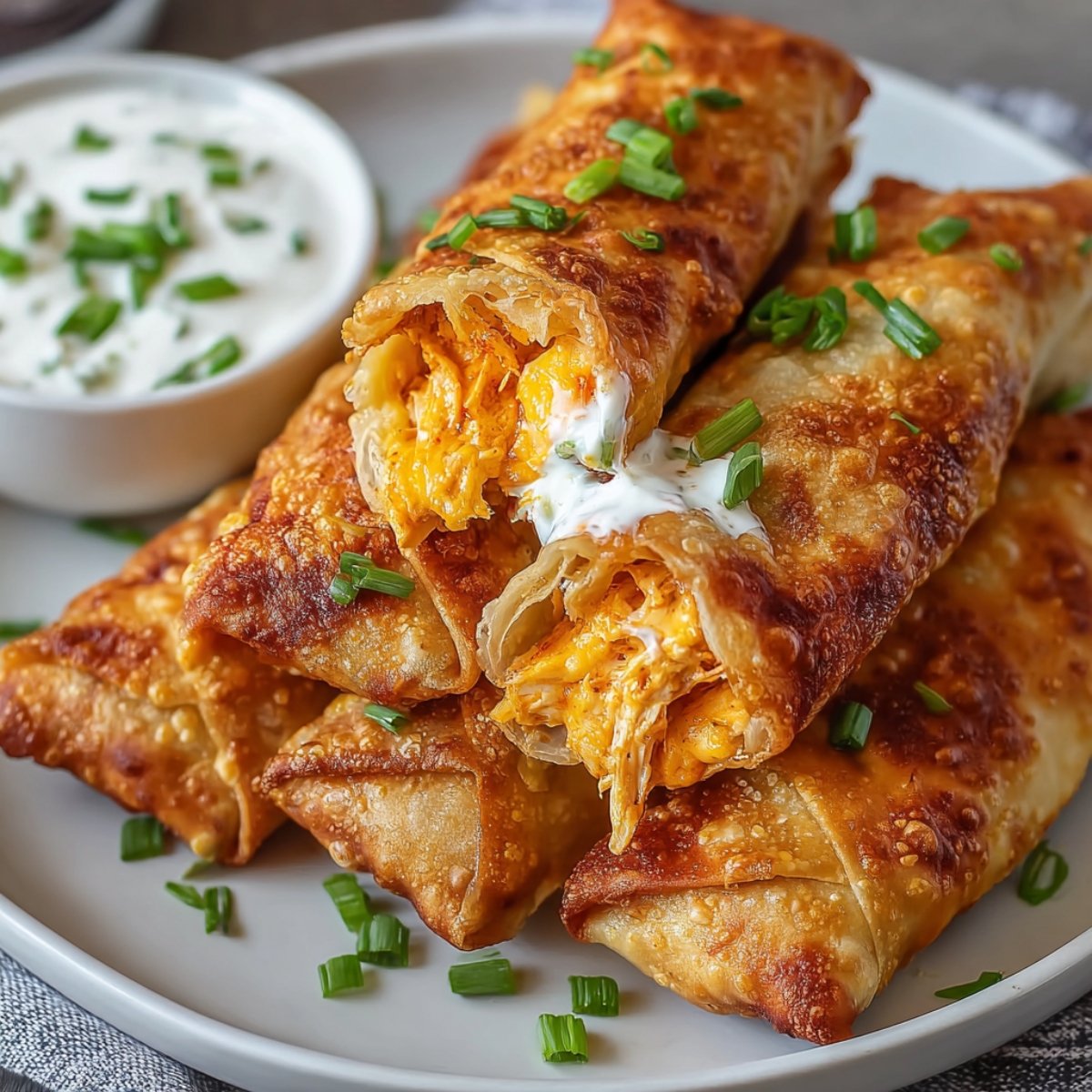 Buffalo Chicken Dip Egg Rolls with melted cheese filling, garnished with green onions and served with dipping sauce.