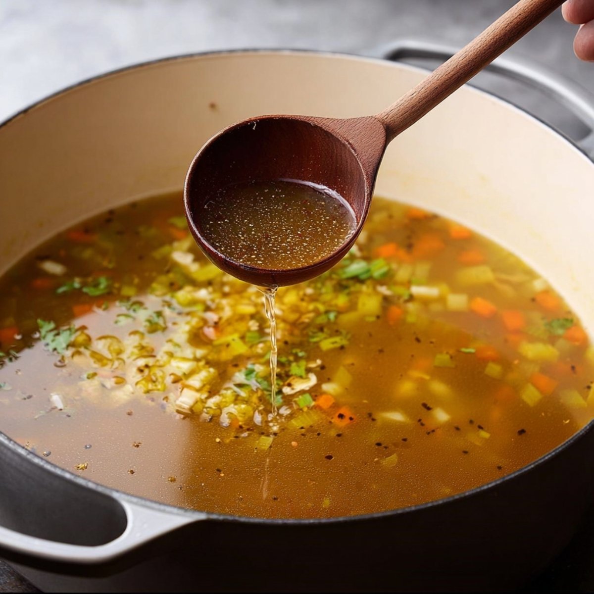 Pour in the chicken stock and season with rosemary, thyme, crushed red pepper, salt, and black pepper. Give it a good stir, then taste the broth. This is your chance to adjust the seasoning. If it needs more depth, stir in the Better Than Bouillon or chicken bouillon granules.