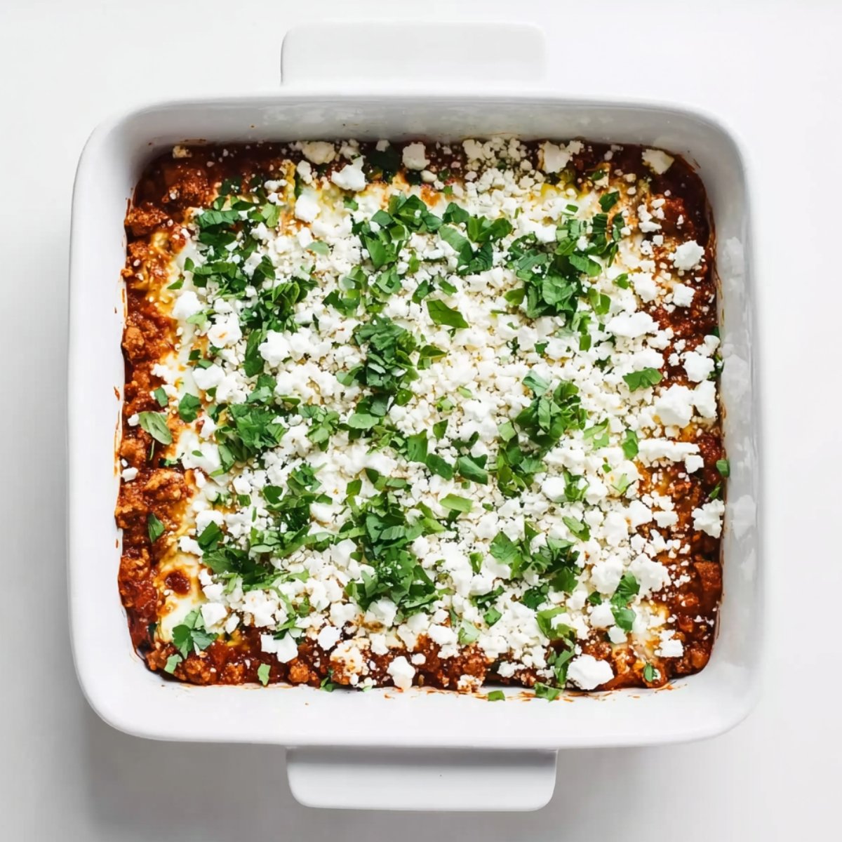 Spoon half of the beef sauce over the zucchini and spread it out evenly. Dollop half of the ricotta mixture on top and gently spread it around. Sprinkle on ½ cup of mozzarella and add a handful of chopped parsley and basil.