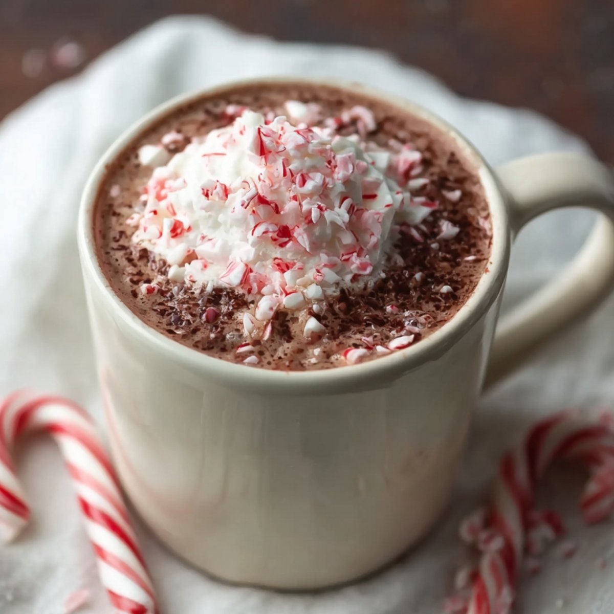 A mug of candy cane cocoa topped with whipped cream and crushed peppermint, with candy canes beside it.