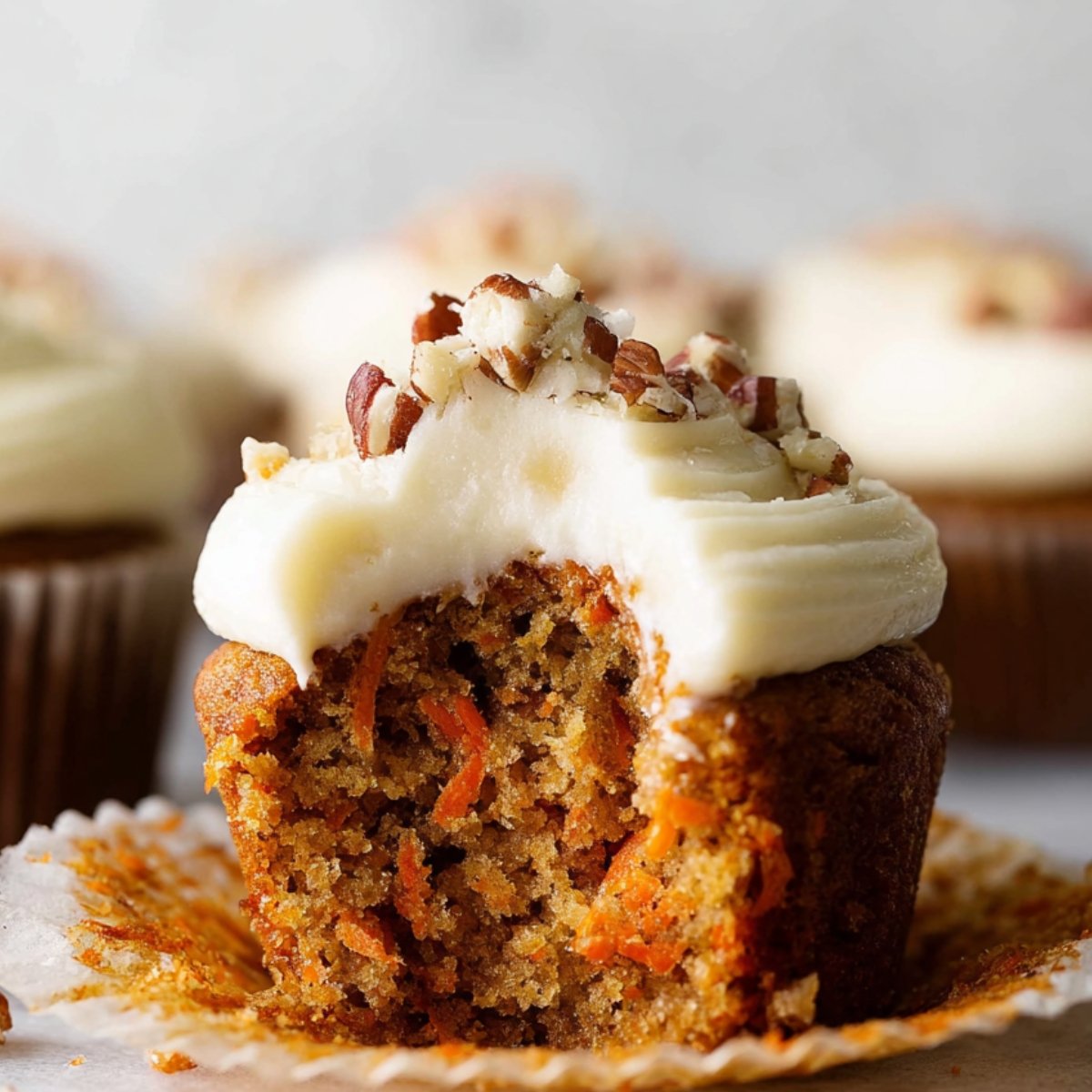 A Carrot Cake Cupcakes with cream cheese frosting and pecans, revealing its moist, tender interior filled with grated carrots.
