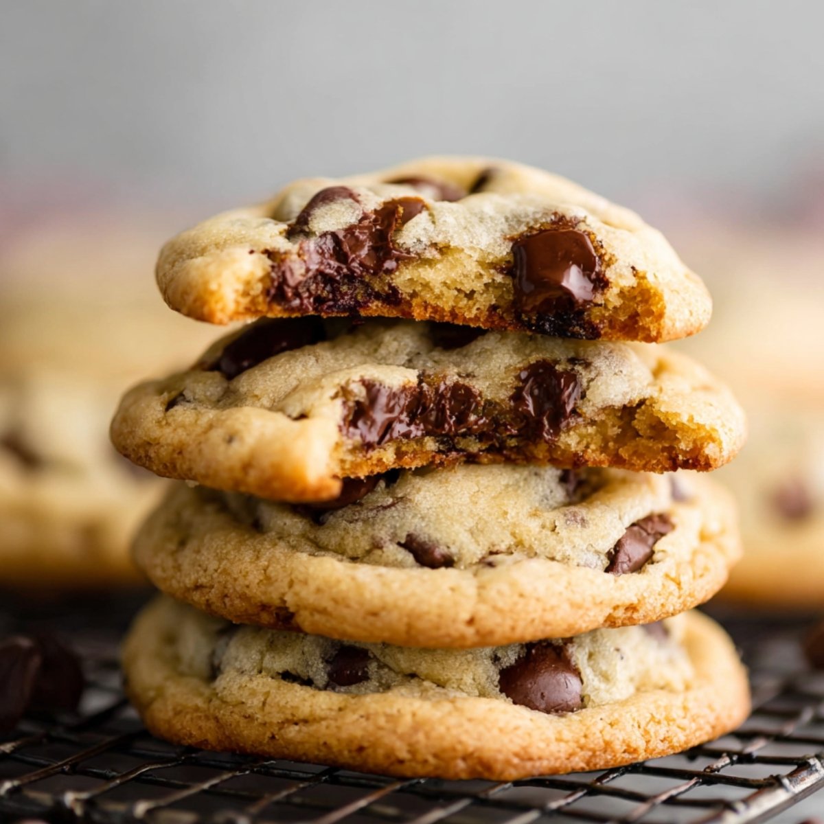 Chocolate Chip Cookies with one broken in half, revealing gooey, melted chocolate inside.