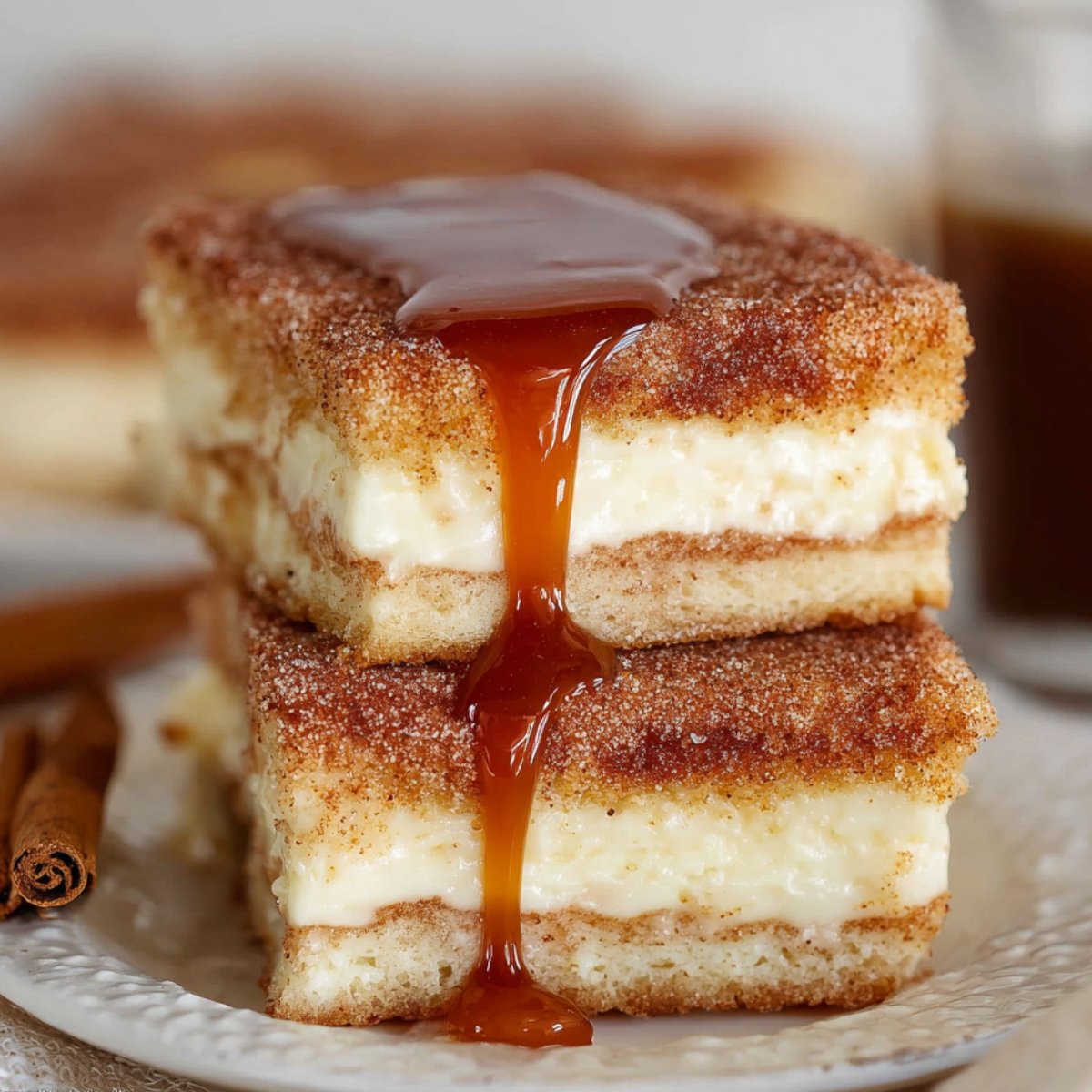 Stack of homemade churro cheesecake bars coated in cinnamon sugar, with warm caramel sauce dripping down the sides on a white plate.