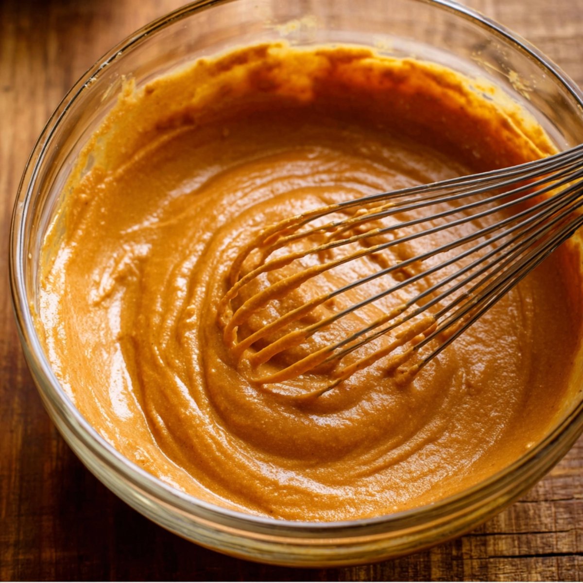 Smooth pumpkin mixture being whisked in a glass bowl.