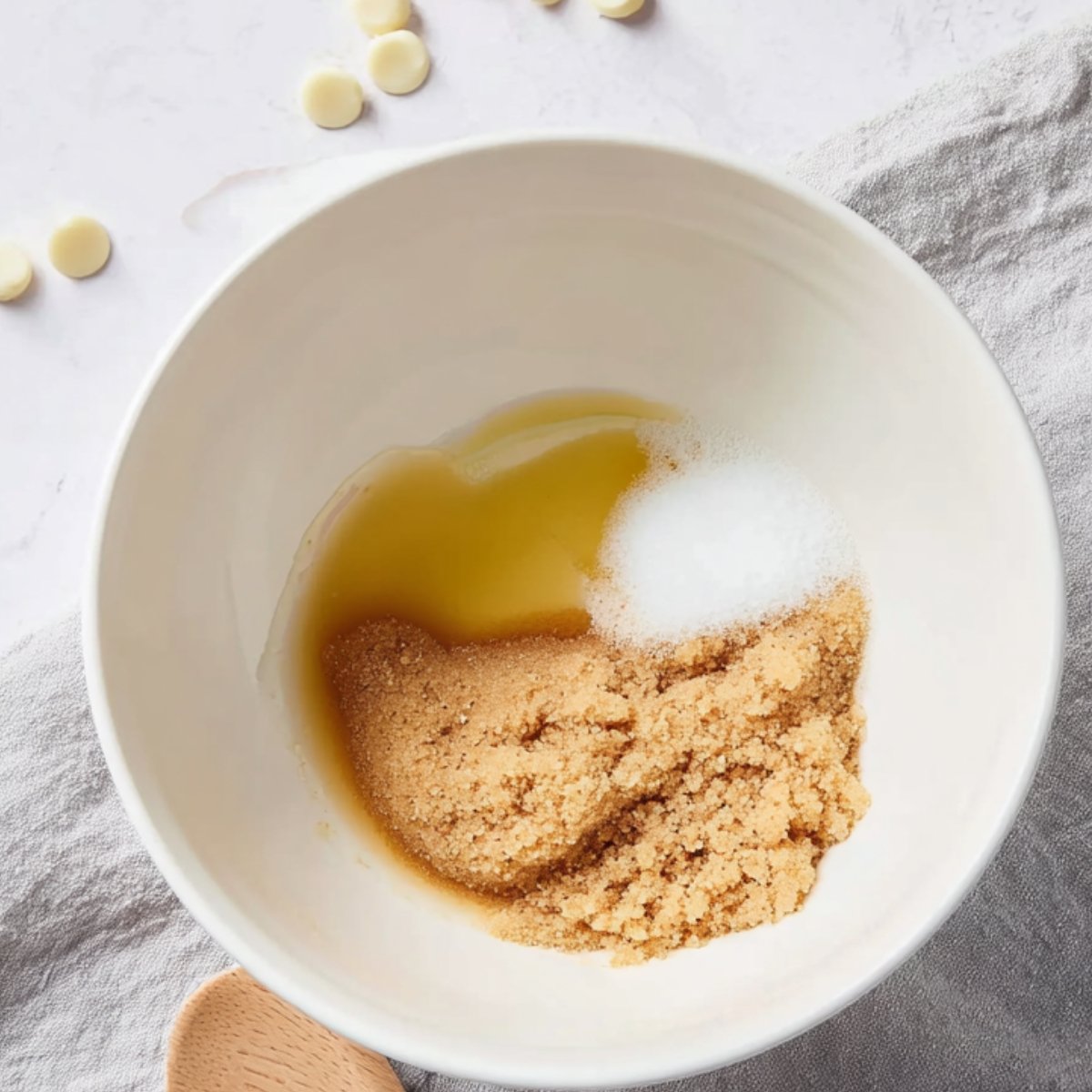 In a large mixing bowl, whisk together the granulated sugar and light brown sugar. Pour in the melted butter and whisk until everything is smooth and well combined.