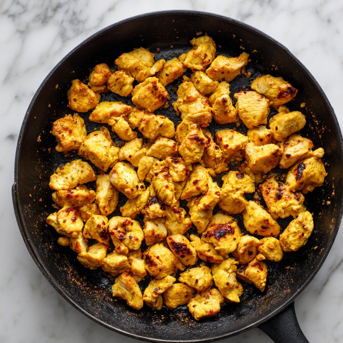 Marinated chicken pieces cooking in a skillet until browned for homemade butter chicken.
