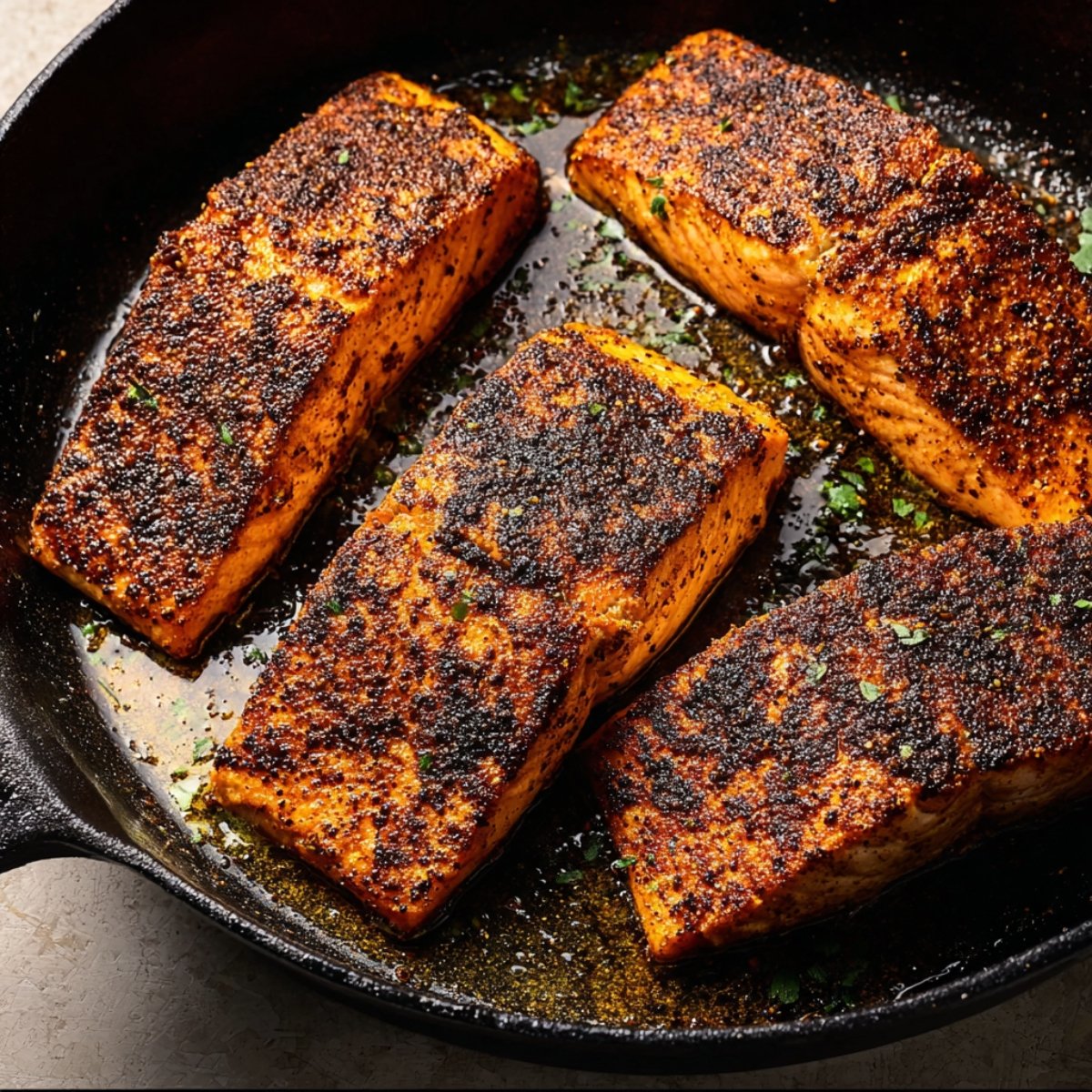 Heat the olive oil in a large, heavy-duty skillet over medium-high heat. Once the oil shimmers, add the salmon fillets and let them cook undisturbed for about 4 minutes. Flip carefully and cook another 4 minutes until the edges are golden and the centers are just cooked through. Move the salmon to a plate and keep it warm.