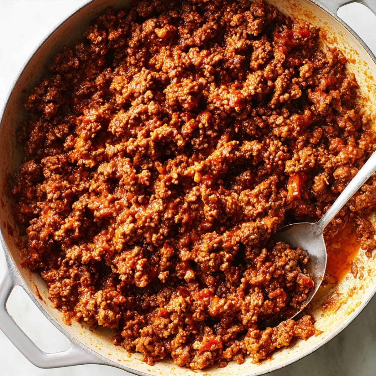 Heat a large pan over medium-high heat and add the ground beef. Break it up with a spatula as it cooks, stirring occasionally until it's completely browned, about 8 to 10 minutes. Pour in most of the pasta sauce (save ½ cup for later) and stir everything together. Remove from heat.