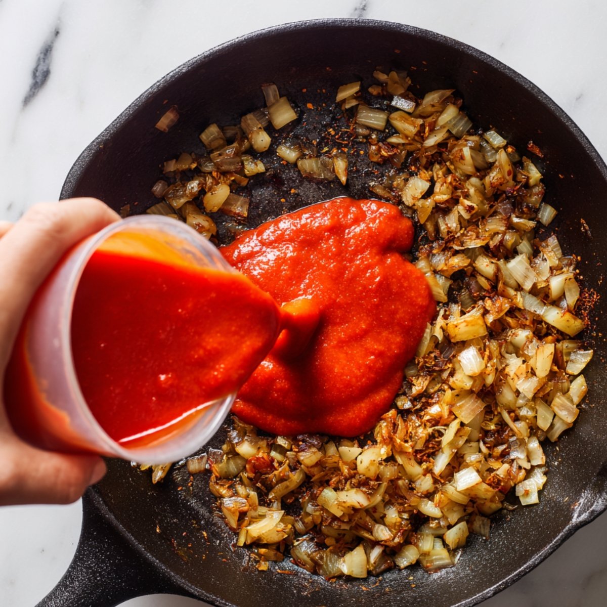 Tomato puree being poured into a skillet with sautéed onions to start a homemade butter chicken sauce.