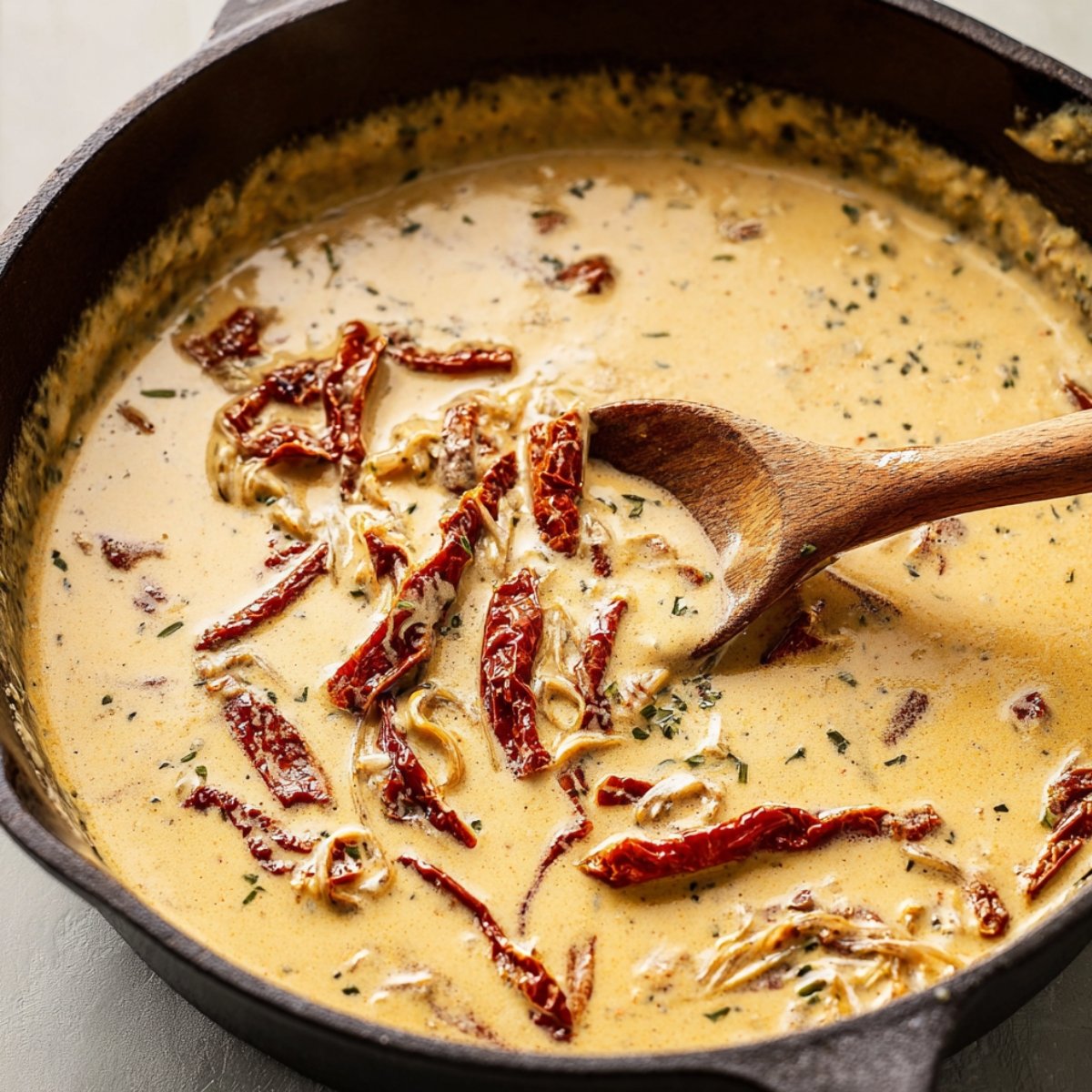 Pour in the heavy whipping cream, chicken broth, sun-dried tomatoes, and parmesan cheese. Stir everything together and let the sauce bubble gently for a minute or two until it thickens slightly. Taste it and add a pinch more salt if needed