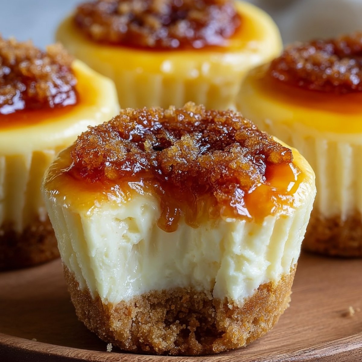 Creme Brulee Cheesecake Cupcakes with a bite taken out, showing a creamy filling and caramelized sugar topping.