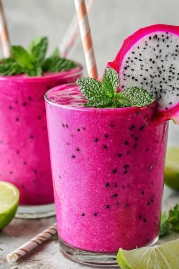 Dragon Fruit Smoothie with mint garnishes, topped with dragon fruit slices and served with lime wedges.