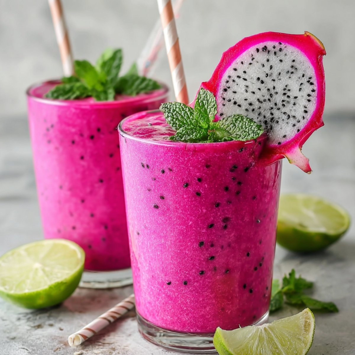 Dragon Fruit Smoothie with mint garnishes, topped with dragon fruit slices and served with lime wedges.