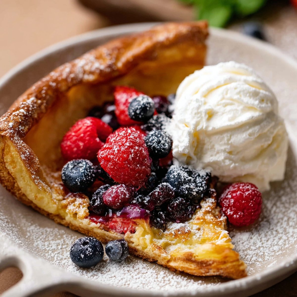 A slice of homemade Dutch Baby pancake topped with mixed berries, whipped cream, and a mint leaf, dusted with powdered sugar.