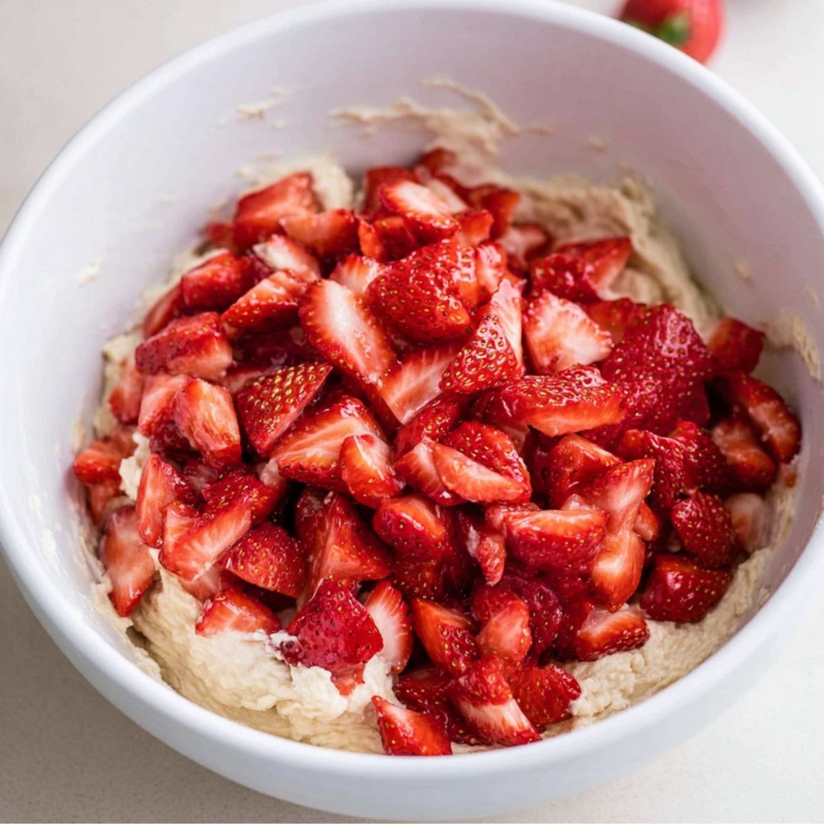 Gently fold the diced fresh strawberries into the batter until they're evenly spread throughout. The batter will be very thick, almost like cookie dough