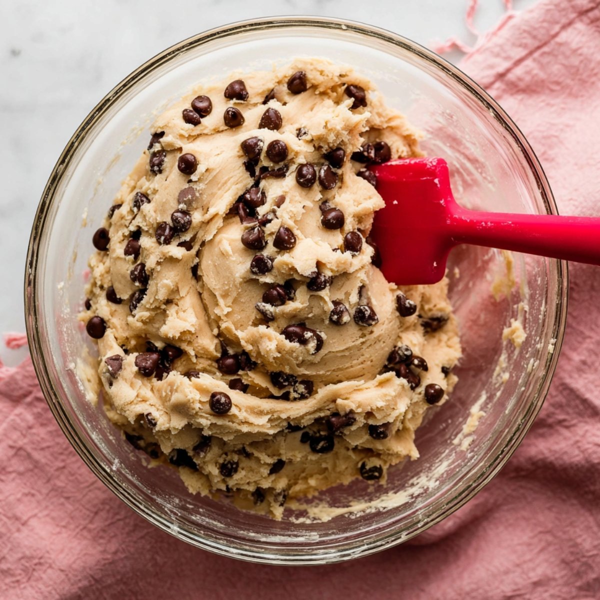 Pour the wet ingredients into the dry ingredients. Use a wooden spoon or spatula to stir everything together until no flour streaks remain. The dough will be soft, thick, and slightly sticky. Gently fold in the chocolate chips, making sure they're evenly distributed.