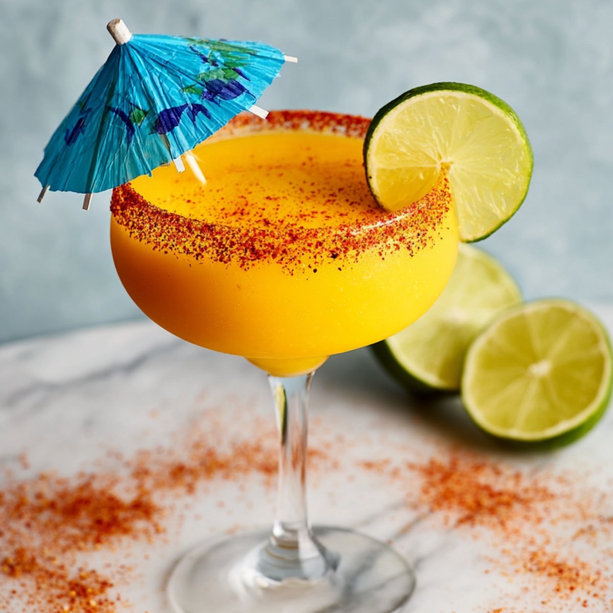 A Frozen Mango Margarita with a chili powder rim, garnished with a blue umbrella and lime wedges, set against a blue backdrop.