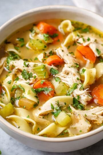 A bowl of homemade chicken noodle soup with tender chicken, carrots, celery, and egg noodles, garnished with fresh herbs.