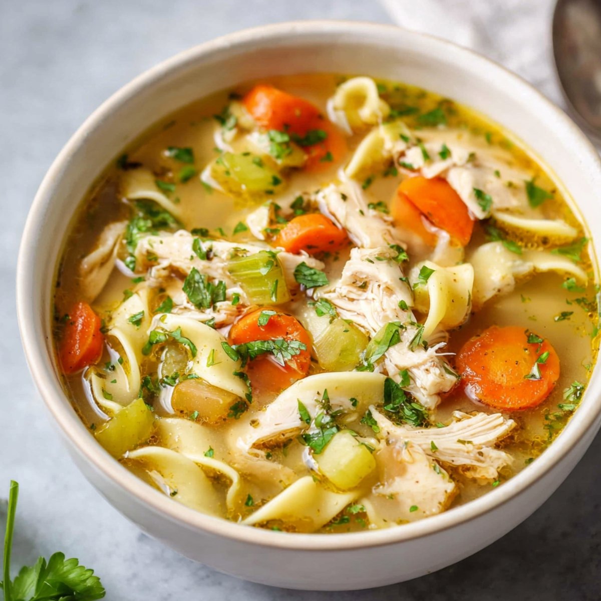 A bowl of homemade chicken noodle soup with tender chicken, carrots, celery, and egg noodles, garnished with fresh herbs.