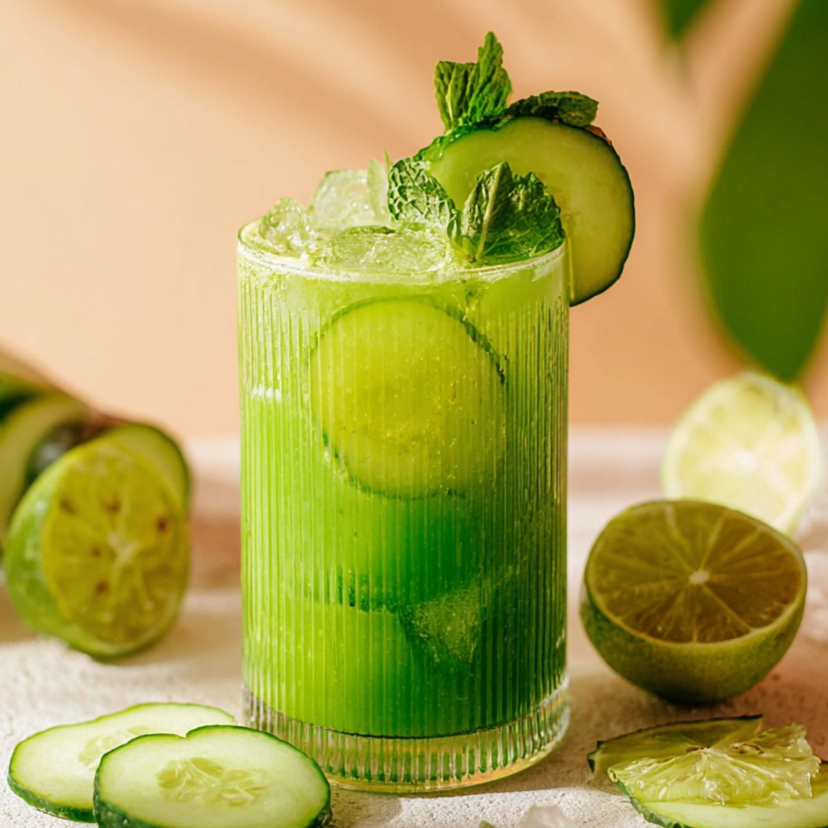 Homemade Cucumber Lime Agua Fresca in a glass, garnished with cucumber slices and mint leaves, with lime wedges and cucumber slices in the background.