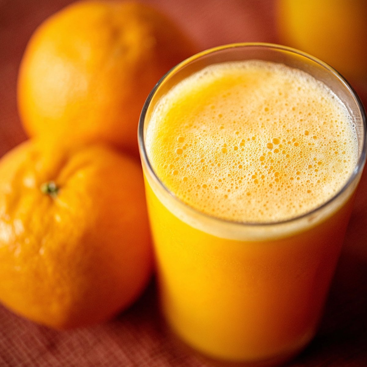 Homemade Orange Juice with frothy bubbles on top, placed next to two ripe oranges on a warm, soft background. The juice has a bright, inviting orange hue, showcasing its natural freshness.