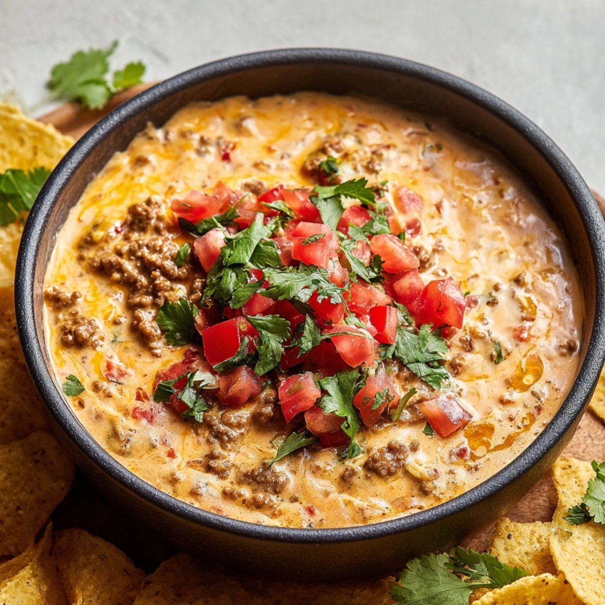 Homemade Rotel Dip topped with fresh diced tomatoes and cilantro, served with tortilla chips on the side.