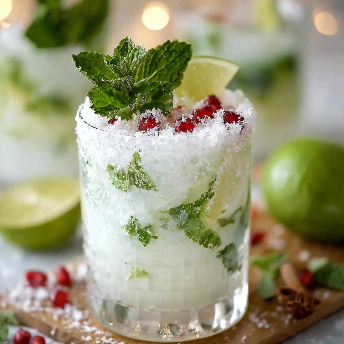 Homemade White Christmas Mojito in tall glasses, garnished with fresh mint, pomegranate seeds, and lime slices, with ice and holiday lights in the background.
