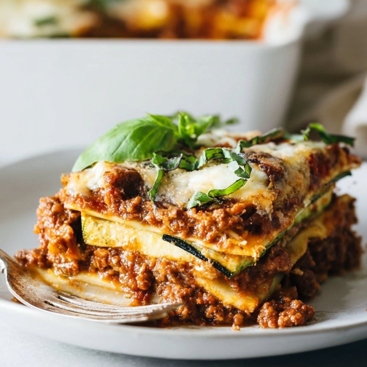 Homemade Zucchini Lasagna with meat sauce, melted cheese, and basil on a plate.