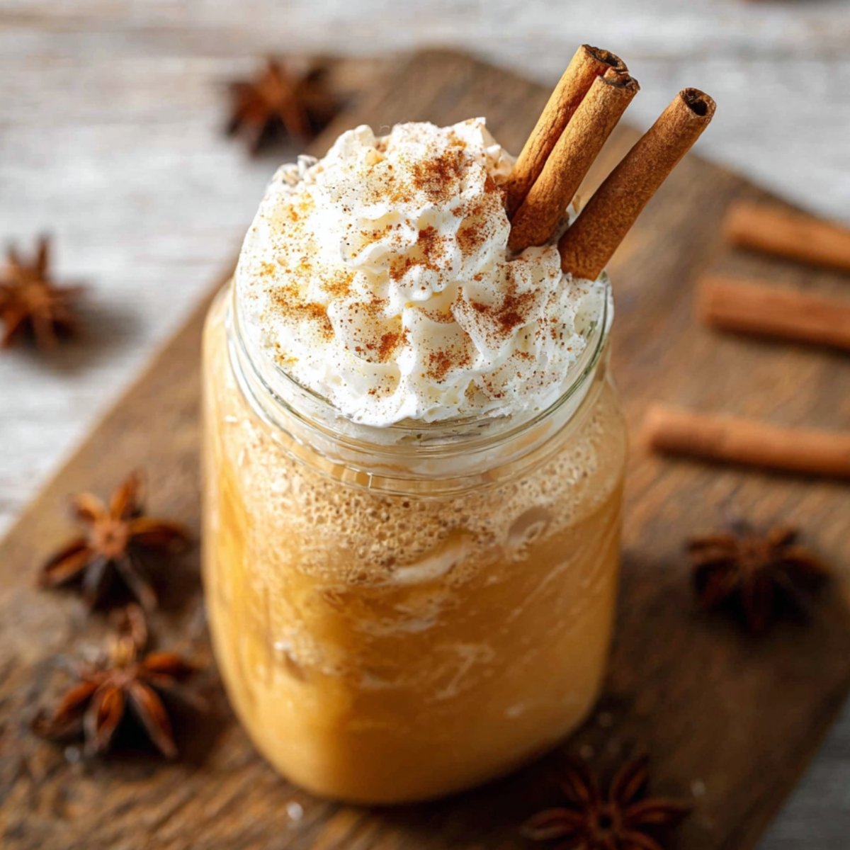 Iced Pumpkin Spice Latte in a mason jar, topped with whipped cream, cinnamon, and two cinnamon sticks.