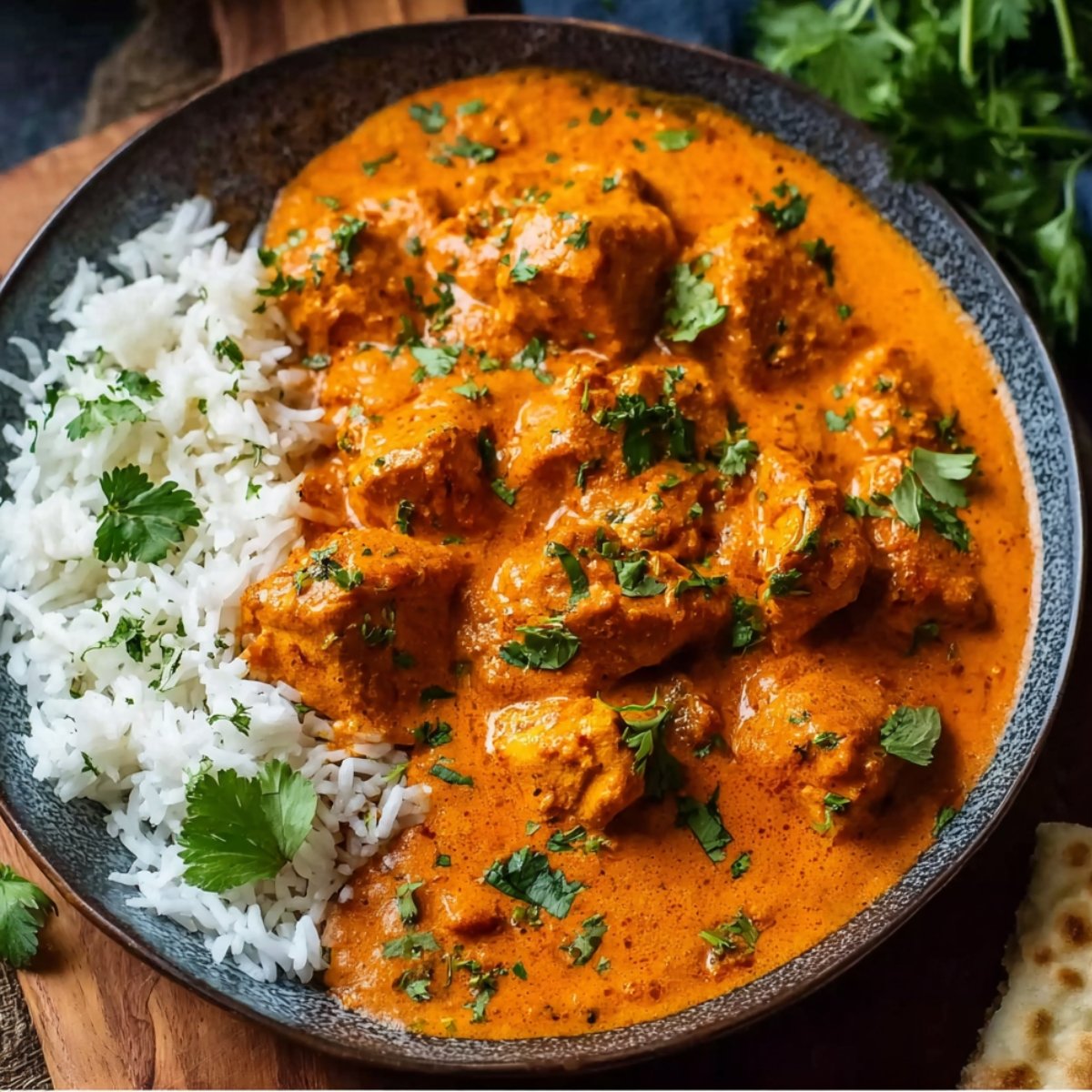 A bowl of homemade butter chicken served with basmati rice and topped with fresh cilantro.