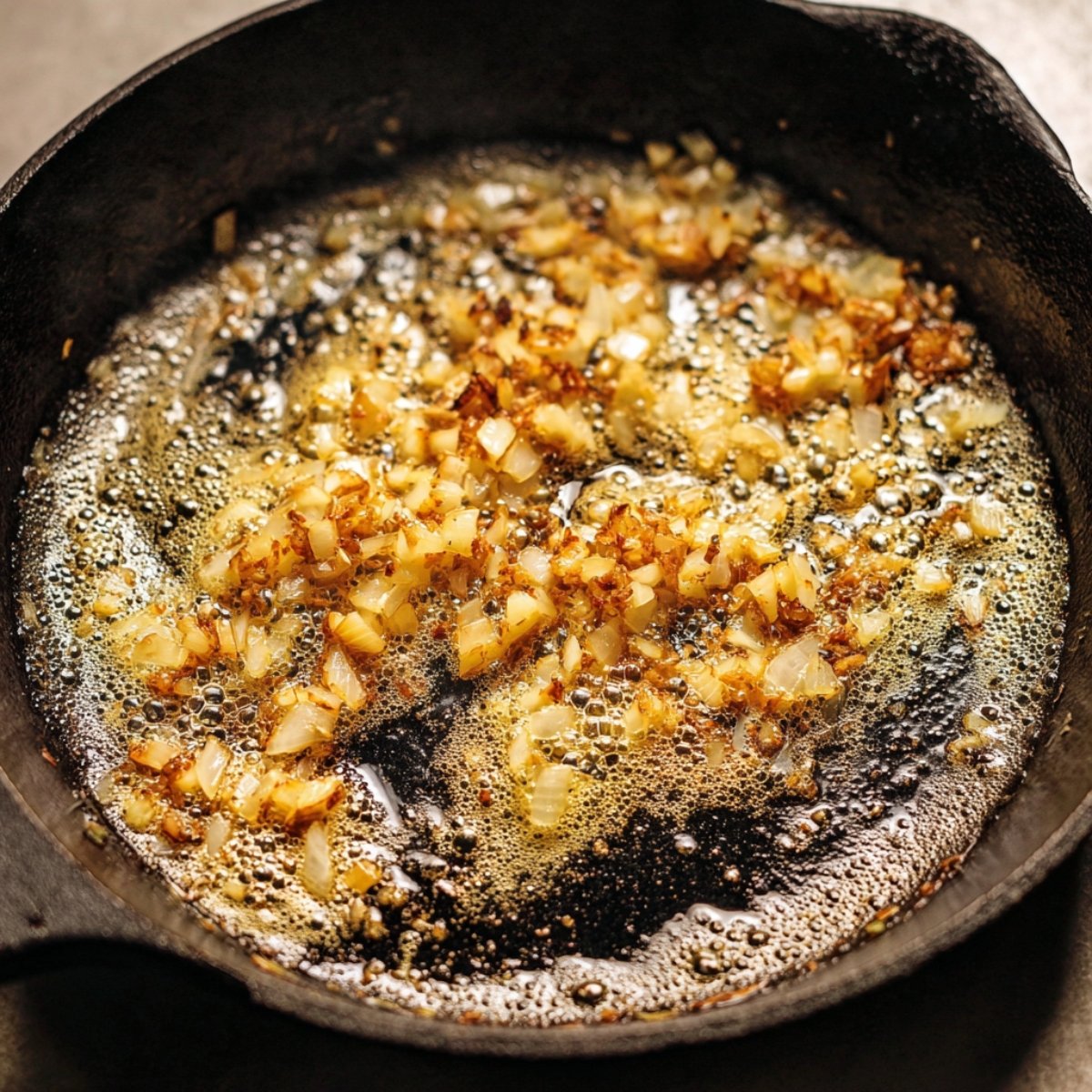 Add the butter and diced onion to the same skillet. Cook for 2 to 3 minutes, stirring occasionally, until the onion softens and turns translucent. Toss in the chopped garlic and cook for 30 seconds, just until you can smell it.
