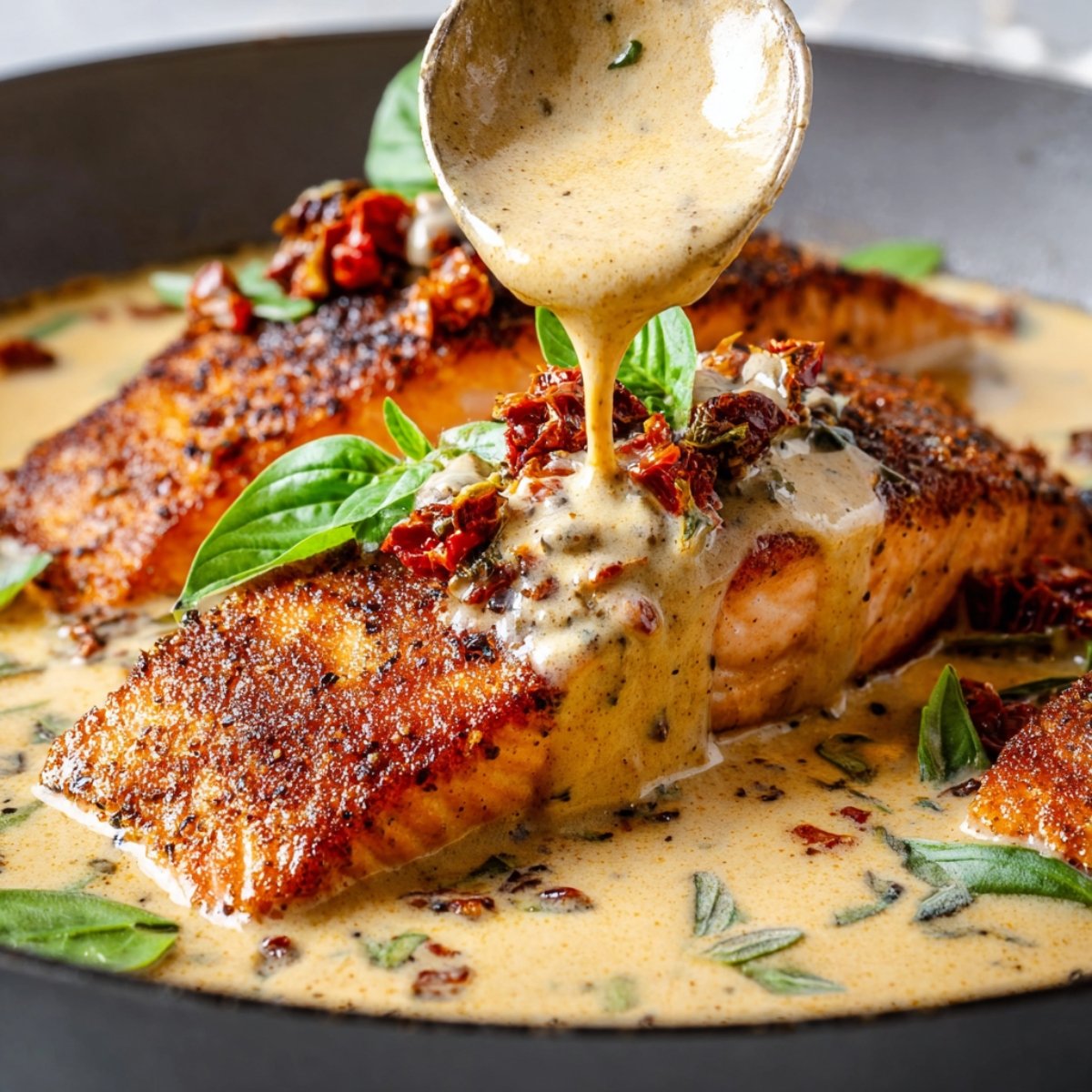 Marry Me Salmon Recipe with creamy sauce, sun-dried tomatoes, and fresh basil, being drizzled with sauce.