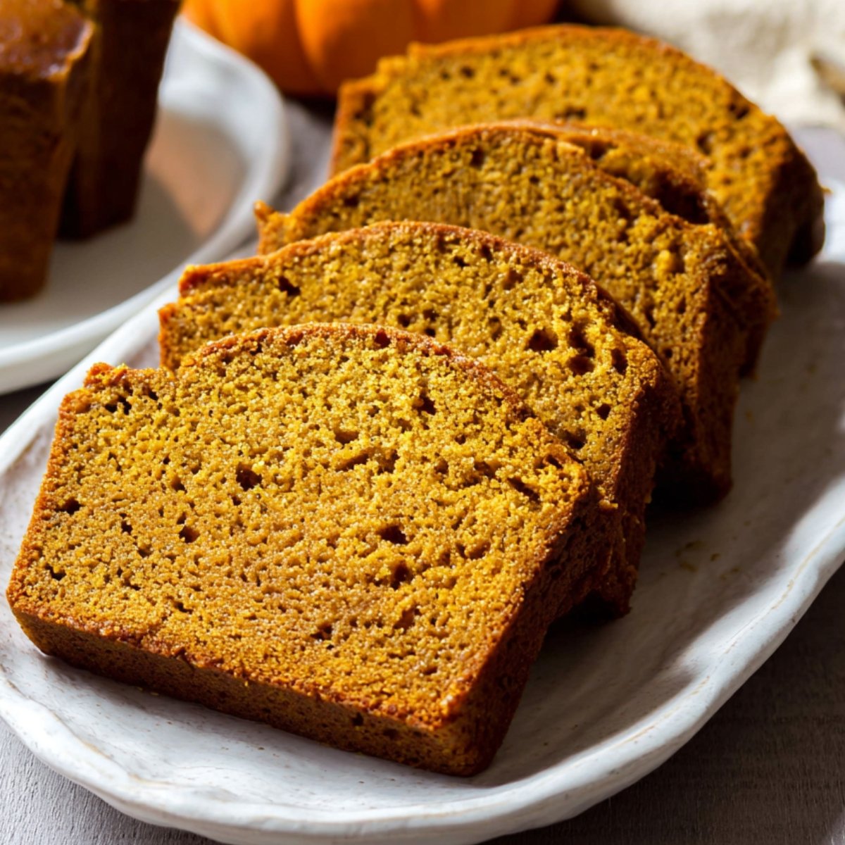 Freshly sliced Moist Pumpkin Bread served on a plate.